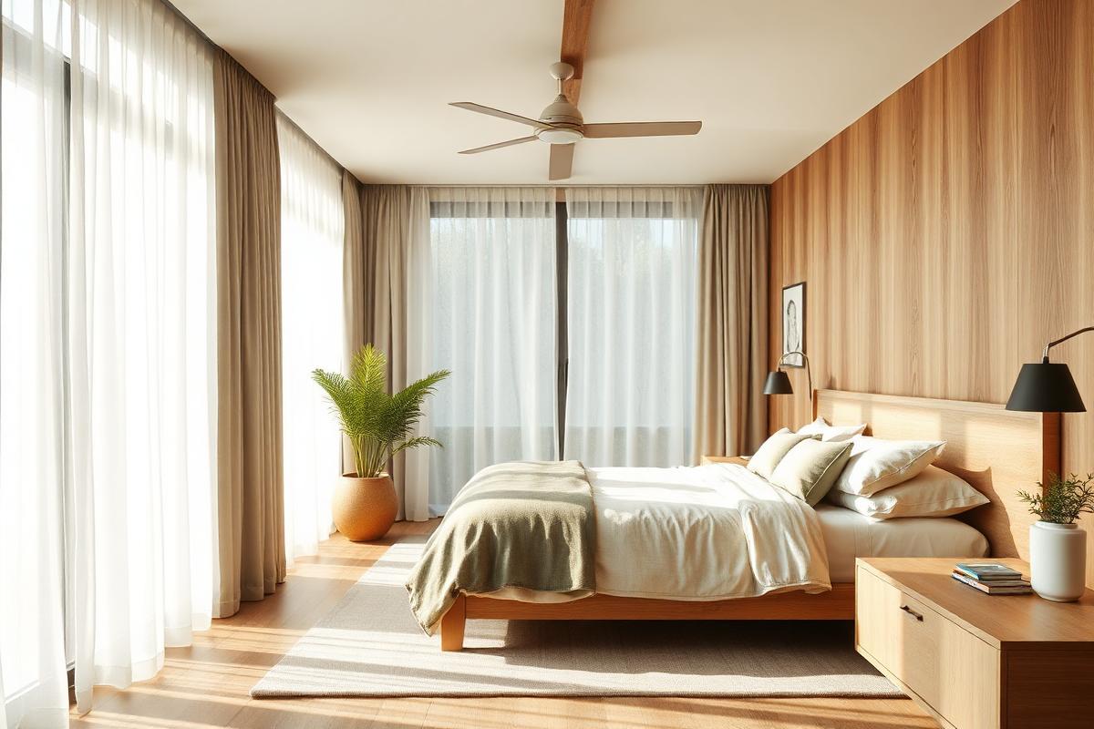Quarto iluminado com luz natural e cortinas leves
