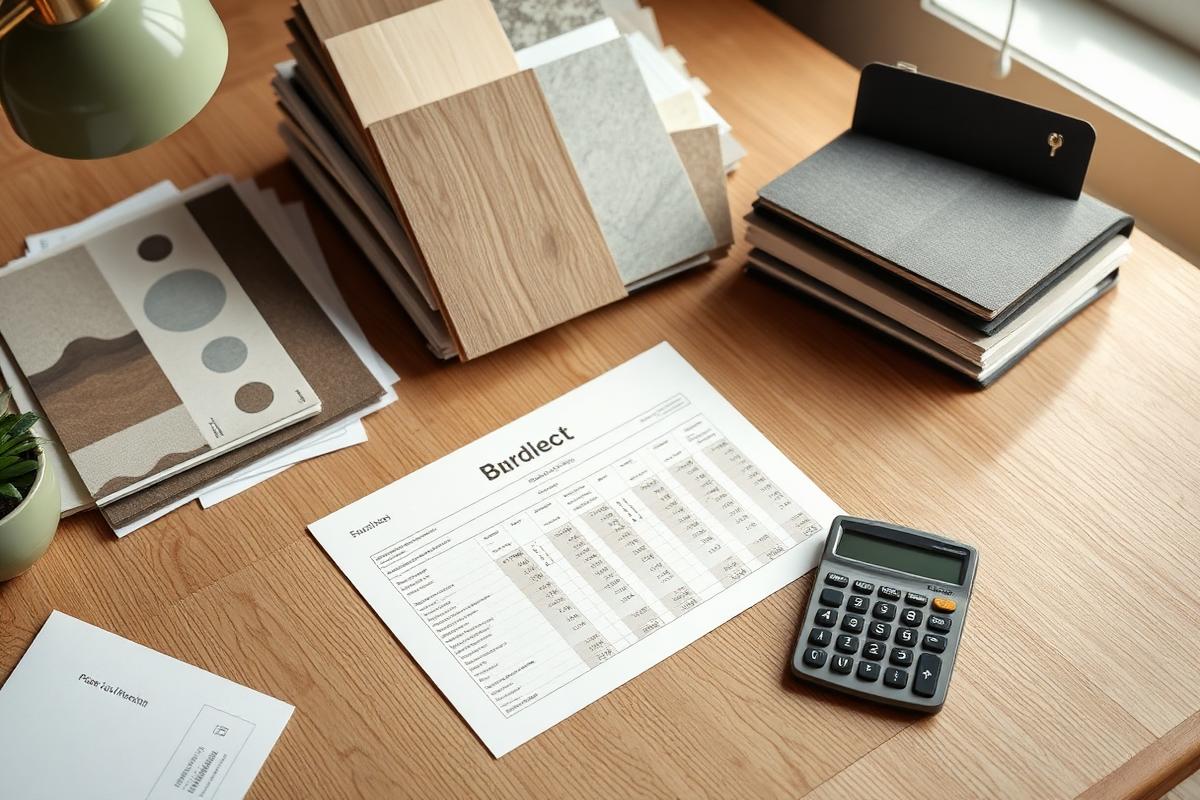 Mesa de trabalho com amostras de materiais e planilha de orçamento