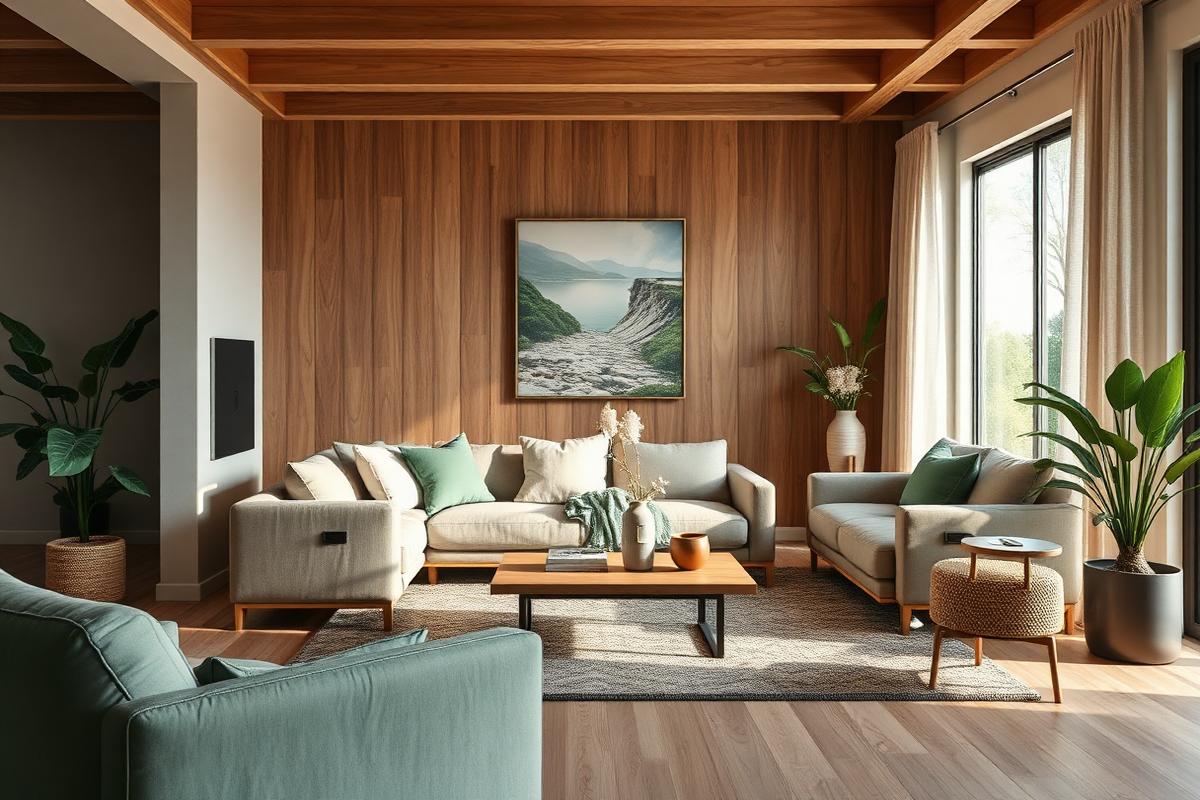 Sala de estar residencial com madeira, linho e tons verdes