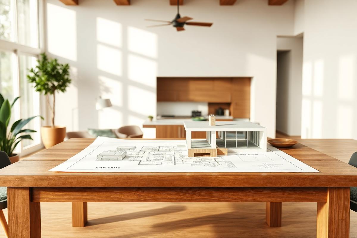 Planta de projeto residencial e maquete de casa sobre mesa de madeira